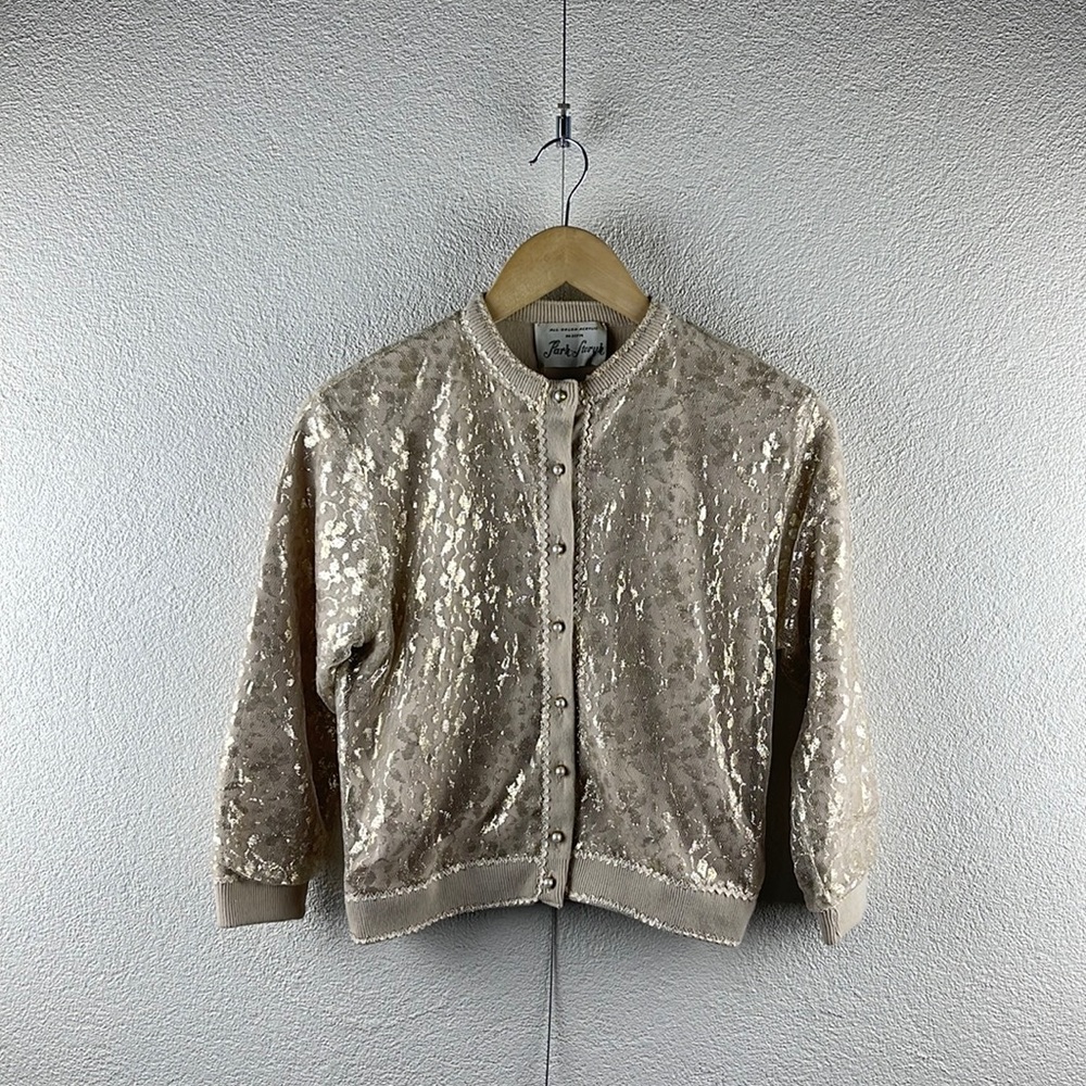 Vintage l 50s S Gold Lamé Lace Pearl Buttons Rockabilly Pinup Cardigan Sweater